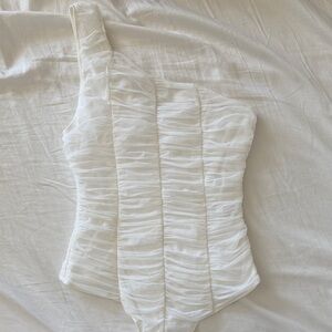Le Lis White One-Shoulder Ruched Bodysuit